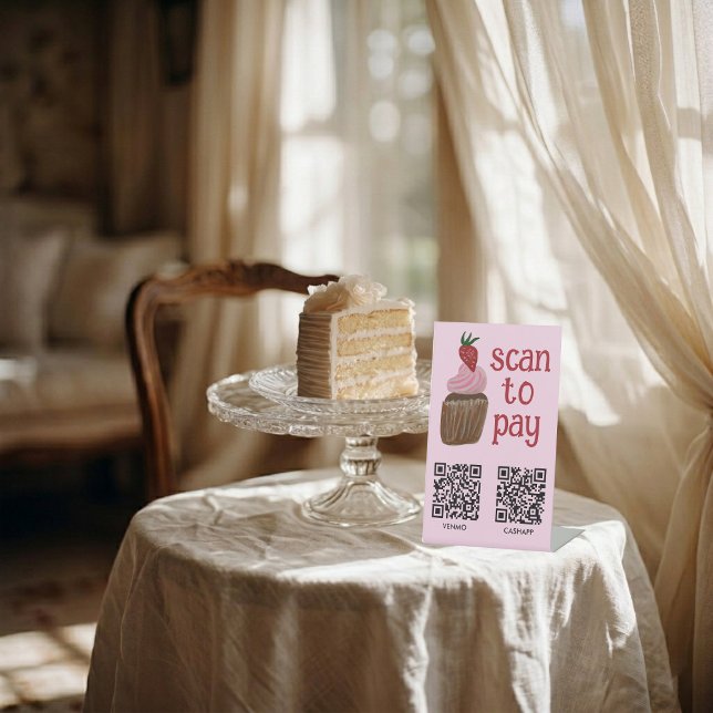 Signe De Table CODE QR SCAN POUR PAYER CUPCAKE Aquarelle BOULANGE (SCAN TO PAY QR Code CUPCAKE Watercolor BAKERY Pedestal Sign
)