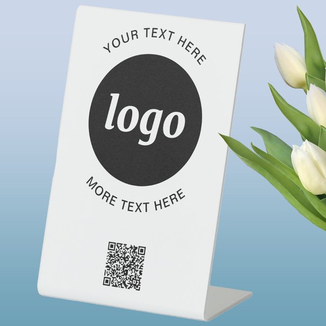 Signe De Table Code QR simple logo et texte pour entreprise (Logo with text and QR code business promotional pedastal sign)