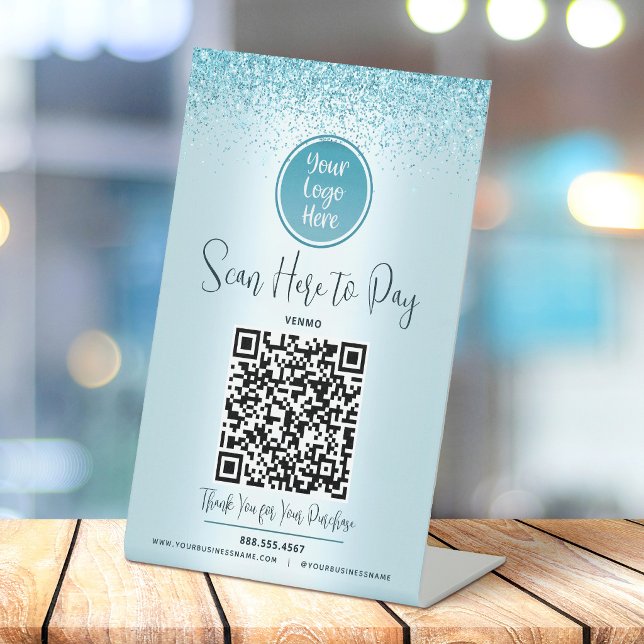 Signe De Table Code QR Turquoise Pailleté Logo Personnalisé Payer (Créateur téléchargé)