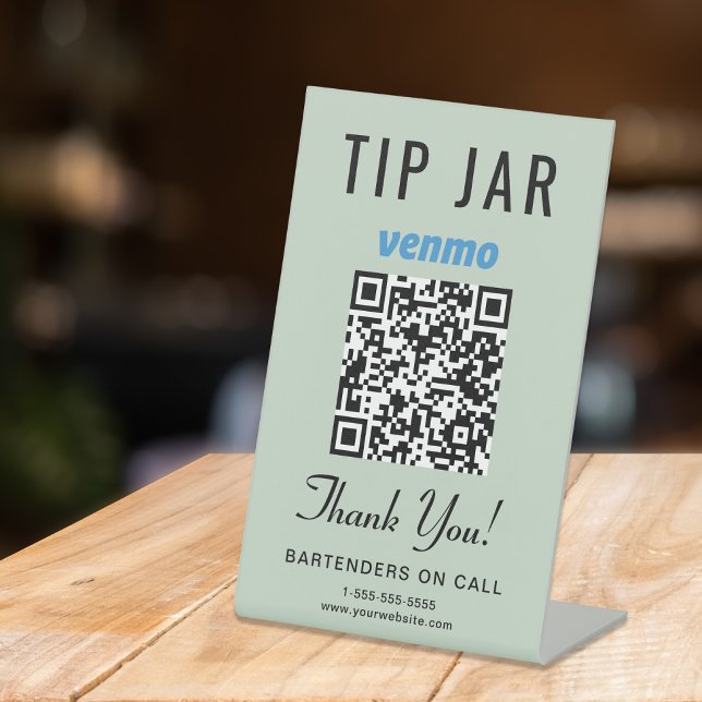 Signe De Table Code QR Venmo de cagnotte Vert Sauge sur table (Empower your customers to tip conveniently and securely with just a scan – no more fumbling for cash)