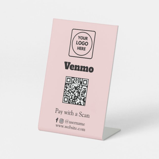Signe De Table Code QR Venmo | Logo personnalisé rose Scan-to-Pay (Recto)