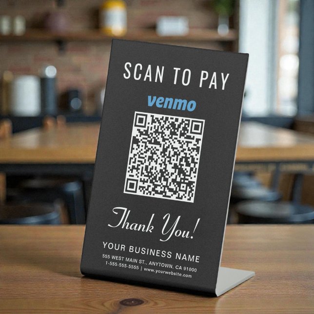 Signe De Table Code QR Venmo Noir Scanner pour Payer le Comptoir (Venmo QR Code Black Scan to Pay Countertop Pedestal Sign)