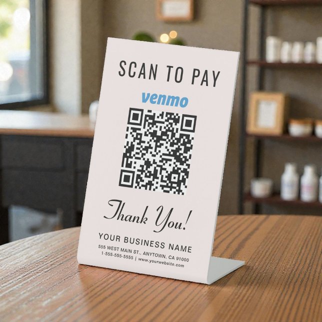 Signe De Table Code QR Venmo Rose Scannez pour Payer (Scan to Pay Venmo QR Code Pink Pedestal Sign)