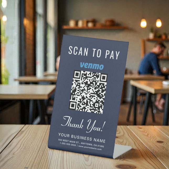 Signe De Table Code QR Venmo Scan pour payer Bleu Entreprise (Venmo QR Code Scan to Pay Blue Business Pedestal Sign)