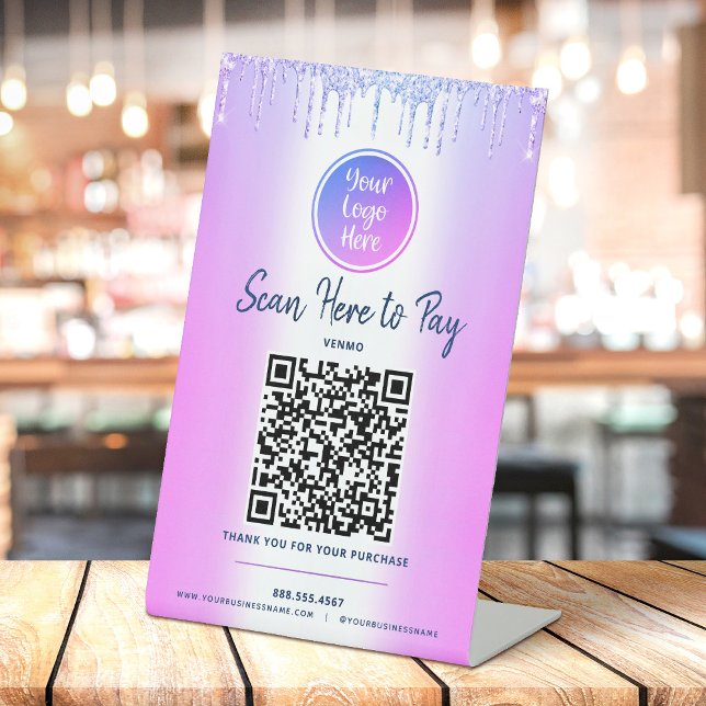 Signe De Table Code QR violet Paiement ici Gouttes de paillettes  (Créateur téléchargé)