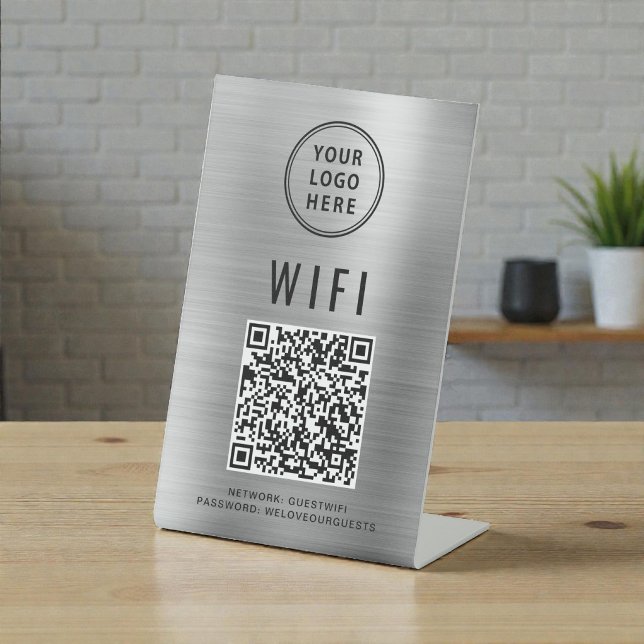 Signe De Table Code QR Wifi Logo Entreprise Scannez pour vous con (Wifi QR Code Business Logo Scan To Connect Silver Pedestal Sign)