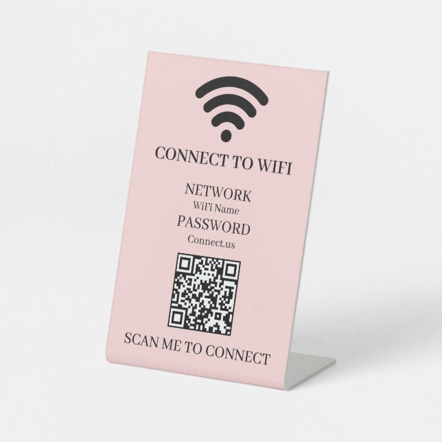 Signe De Table Code QR WiFi Rose Pâle | Affichage d'accès au rése (Recto)