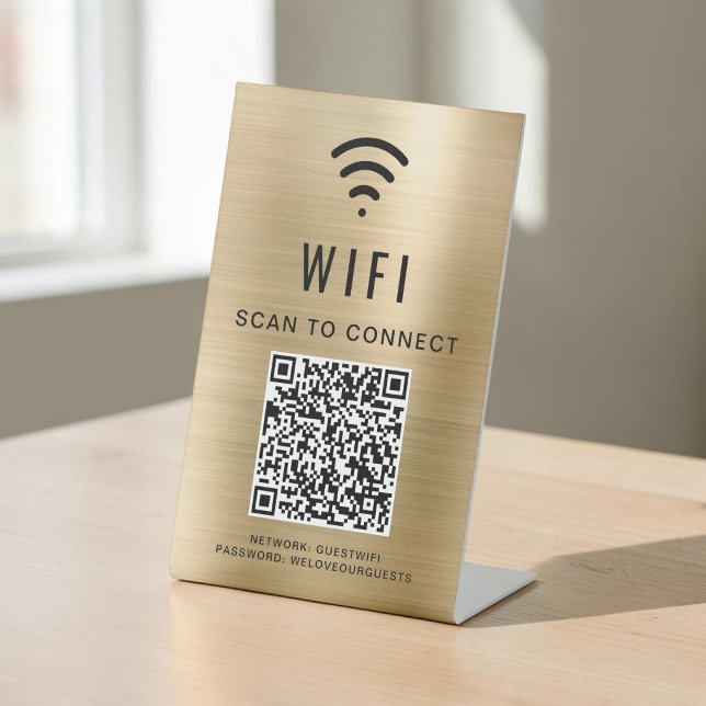 Signe De Table Code QR Wifi Scan Pour Connexion Or (Wifi QR Code Scan To Connect Gold Pedestal Sign)