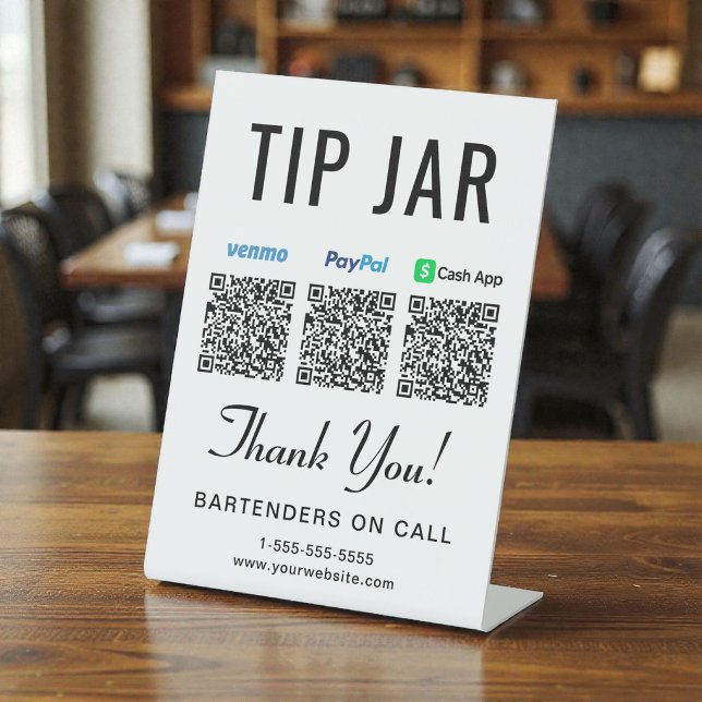 Signe De Table Codes QR de caisse de pourboire Venmo Paypal Casha (Tip Jar Venmo Paypal Cashapp QR Codes Tabletop Pedestal Sign)