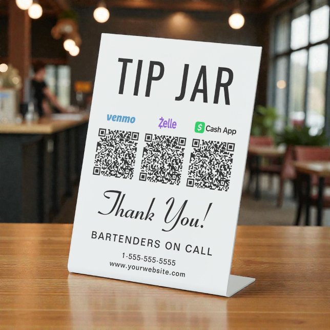 Signe De Table Codes QR de pourboire Venmo Zelle Cashapp (Tip Jar Venmo Zelle Cashapp QR Codes Pedestal Sign)