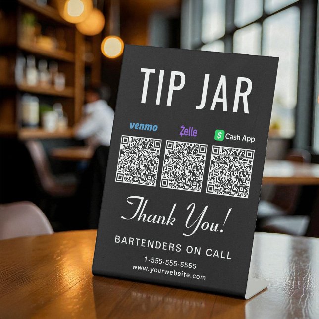 Signe De Table Codes QR de pourboire Venmo Zelle Cashapp noirs (Tip Jar Venmo Zelle Cashapp QR Codes Black Pedestal Sign)