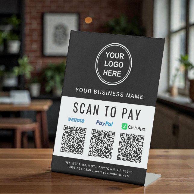 Signe De Table Codes QR Paypal Venmo CashApp Logo Scanner pour pa (Paypal Venmo CashApp QR Codes Logo Scan to Pay Pedestal Sign)