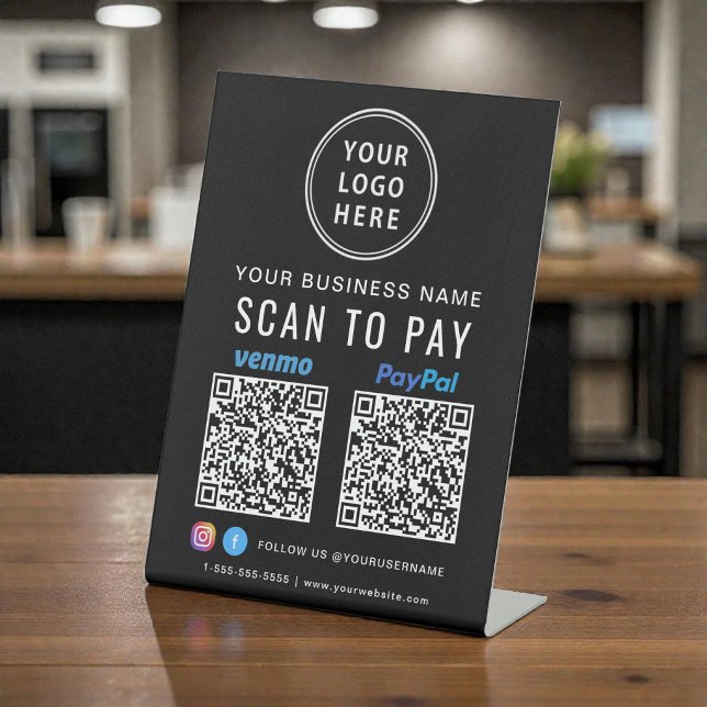 Signe De Table Codes QR Paypal Venmo Scan pour payer Logo Noir (Paypal Venmo QR Codes Scan to Pay Logo Black Pedestal Sign)