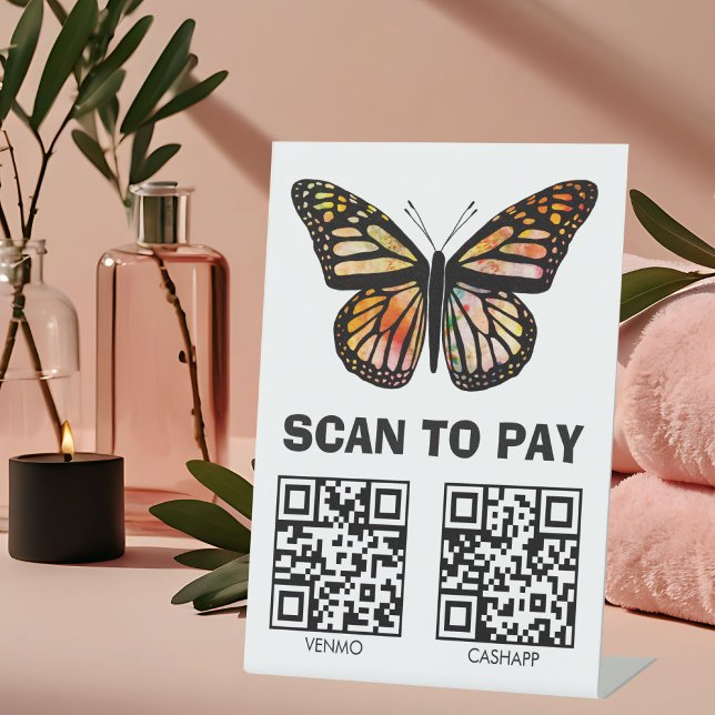 Signe De Table CODES QR POUR PAYER SCANNER Papillon Aquarelle Per (SCAN TO PAY QR CODES Spa Massage Salon Watercolor Butterfly Custom Pedestal Sign
)