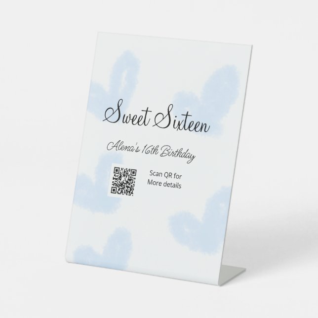 Signe De Table Coeurs d'aquarelle bleu QR Sweet sixteen anniversa (Recto)