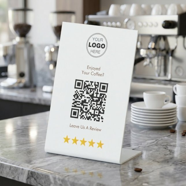 Signe De Table Coffee Shop Review QR Code (Modern white L-shaped pedestal sign with a QR code and five gold stars for customer reviews.)