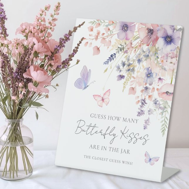 Signe De Table Combien de baisers Papillon Fête de mariage champê (How Many Kisses Butterfly Wildflower Bridal Shower Pedestal Sign)