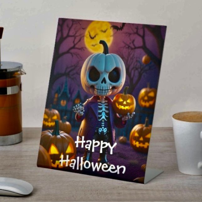 Signe De Table Compagnon squelette de patch de citrouille (D: 8" x 10" display with 3" pedestal base. Available in 4 sizes.  Made of 1/16" white plastic.
 )