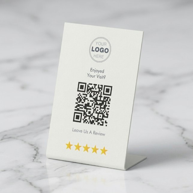 Signe De Table Conception de critique QR de bistro moderne blanc  (Minimalist Bistro QR Code Review Sign | Modern Business Table Display)
