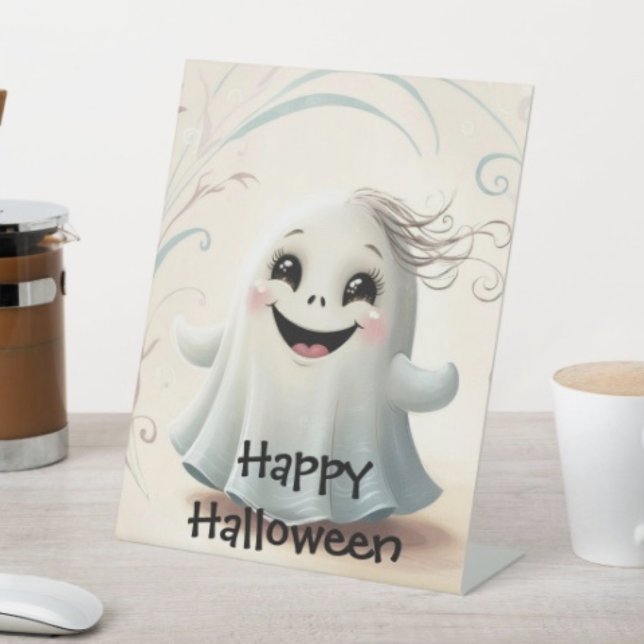 Signe De Table Conception de Halloween d'ami fantomatique adorabl (D: 8" x 10" display with 3" pedestal base. Available in 4 sizes Made of 1/16" white plastic.)