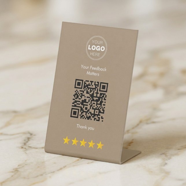 Signe De Table Conception de retour d'information QR moderne beig (Beige Minimalist QR Code Review Sign for Business | Modern Feedback Display)
