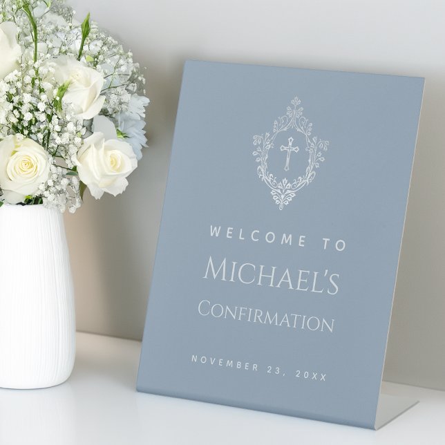 Signe De Table Confirmation du garçon Croix élegante bleu Dusty à (Créateur téléchargé)