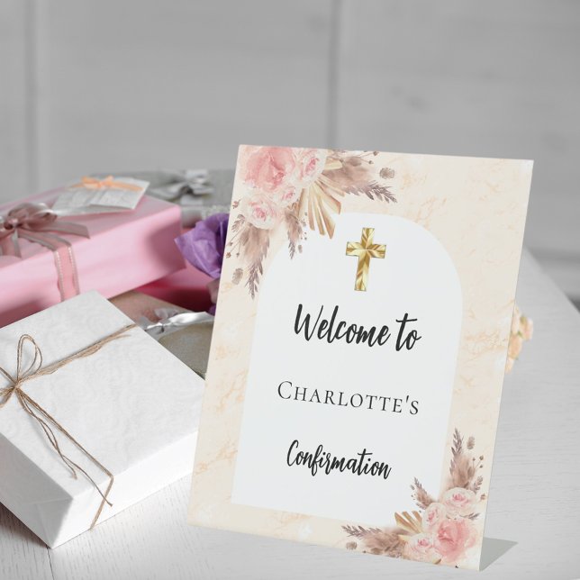 Signe De Table Confirmation rose or pêche arc accueil (Créateur téléchargé)