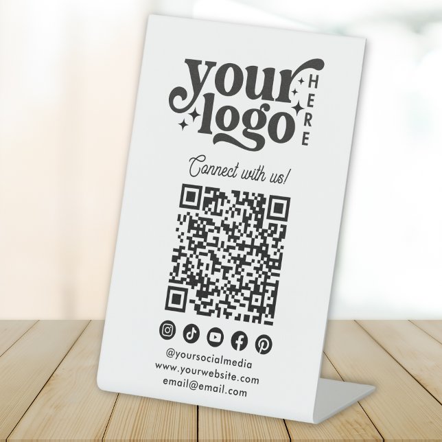 Signe De Table Connectez-vous avec nous Code QR des médias sociau (Connect with us Social Media QR Code White Pedestal Sign)