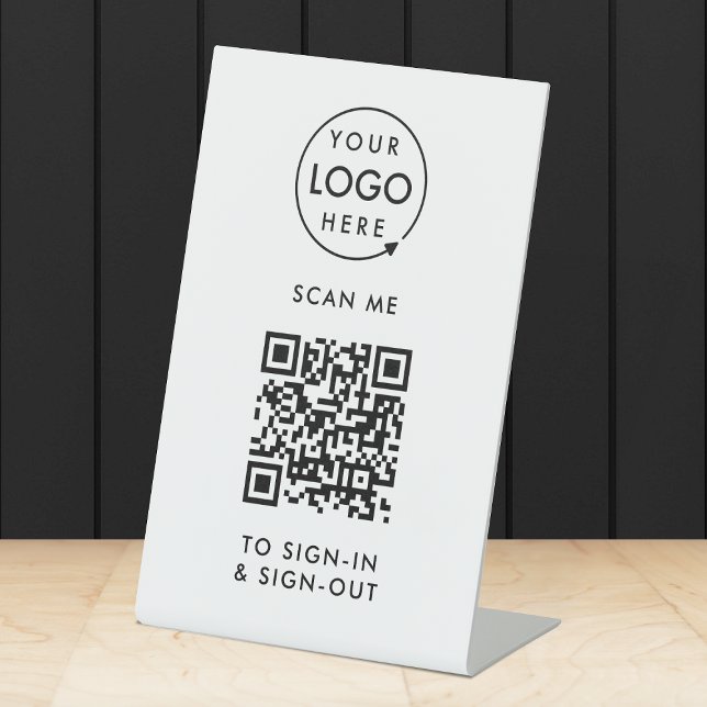 Signe De Table Connexion au code QR | Réception des employés visi (Interactive QR code sign-in  sign-out tabletop signage with your company logo.)