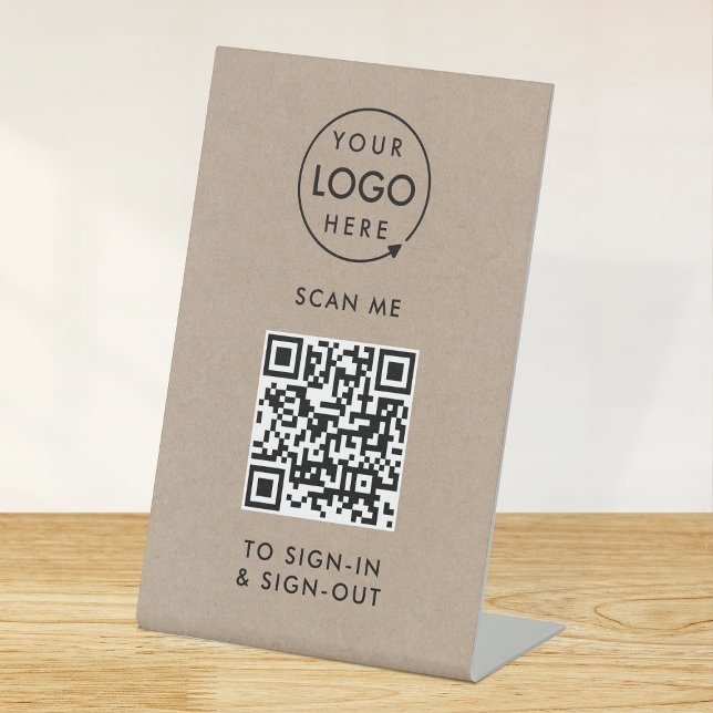 Signe De Table Connexion au code QR | Réception Rusitc Kraft (Interactive QR code sign-in  sign-out tabletop signage with your company logo.)