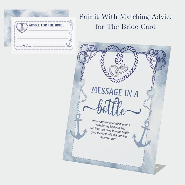 Signe De Table Conseils de mariage pour une douche de mariée naut (Nautical Message In A Bottle Bridal Shower Advice Pedestal Sign)