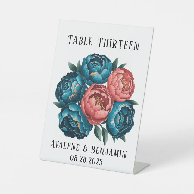 Signe De Table Coral Turquoise Peony Gold Bouquet Mariage Numéro  (Recto)