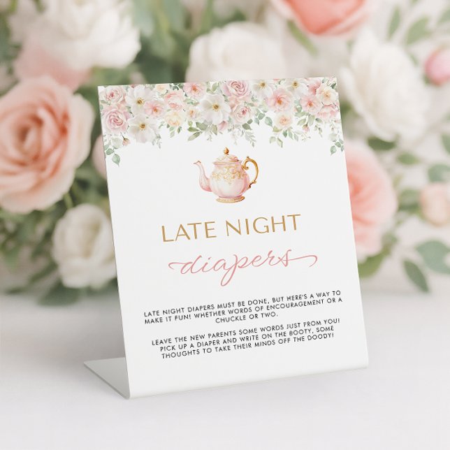 Signe De Table Couche pour bébé de Baby Shower Tea Party de nuit (Tea Party Baby Shower Late Night Diapers Pedestal Sign)