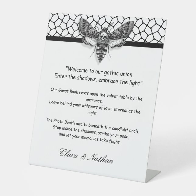 Signe De Table Crâne de Moth gothique Mariage [ Noir & blanc (Recto)