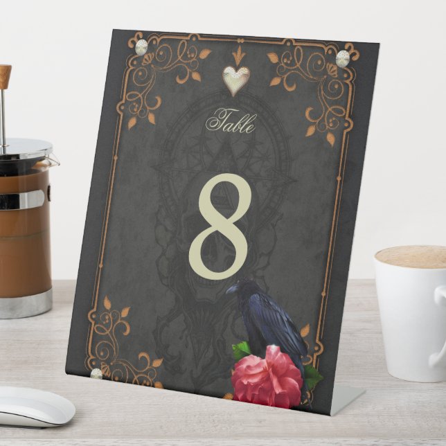 Signe De Table Crâne gothique et corbeau. (In SItu)