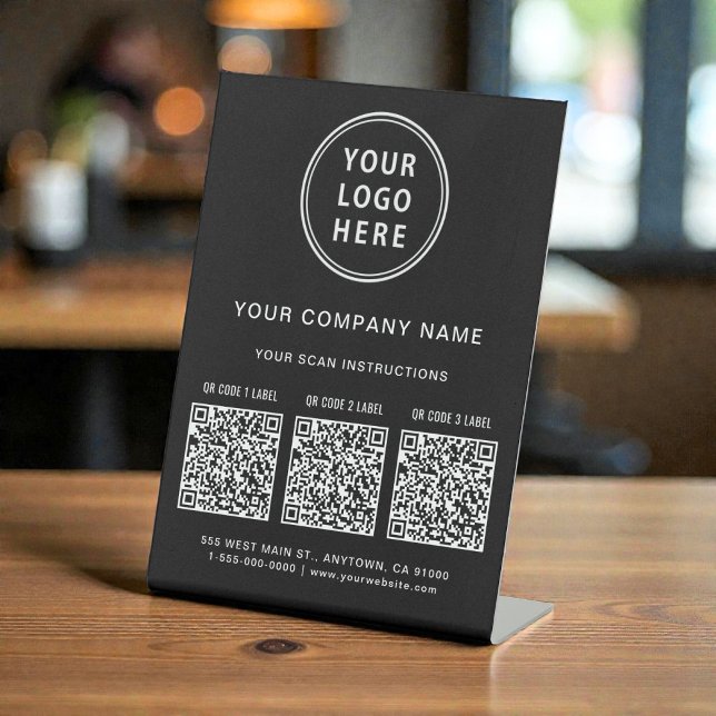 Signe De Table Création de logo d'entreprise 3 codes QR Noir (Business Logo Create 3 QR Codes Black Pedestal Sign)