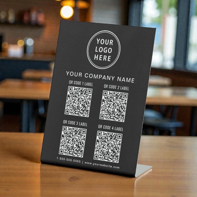 Signe De Table Création de logo d'entreprise Vos 4 codes QR Noir (Business Logo Create Your 4 QR Codes Black Pedestal Sign)