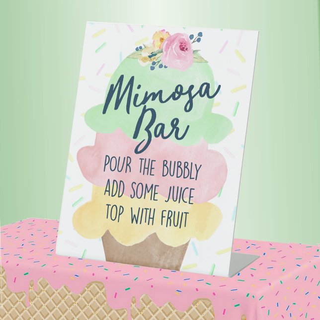 Signe De Table Crème de glace Mimosa Mariée ou Baby shower (Mimosa Bar Watercolor Ice Cream Bridal or Baby Shower Pedestal Table Sign)