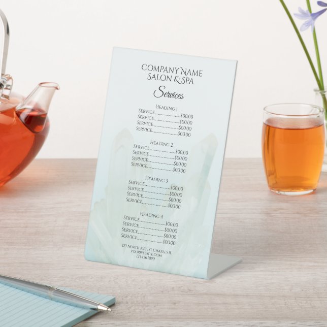 Signe De Table Cristaux Bleues Glace Spa Salon Services Menu (In SItu)