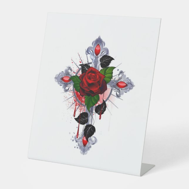 Signe De Table Croix d'argent avec une rose rouge (Recto)