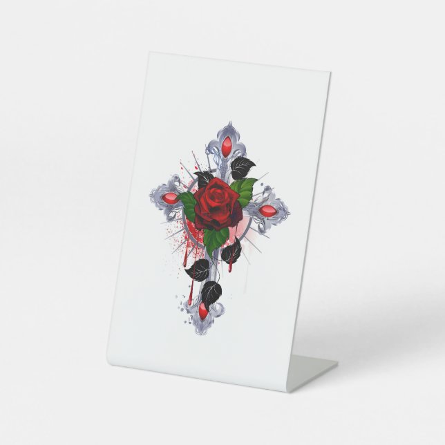 Signe De Table Croix d'argent avec une rose rouge (Recto)