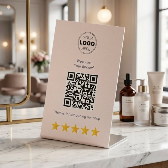 Signe De Table Cute Blush Pink Customer Review QR Code (Boost Your Small Biz Reviews! Cute Blush Pink QR Code Pedestal Sign for Salons & Cafes)