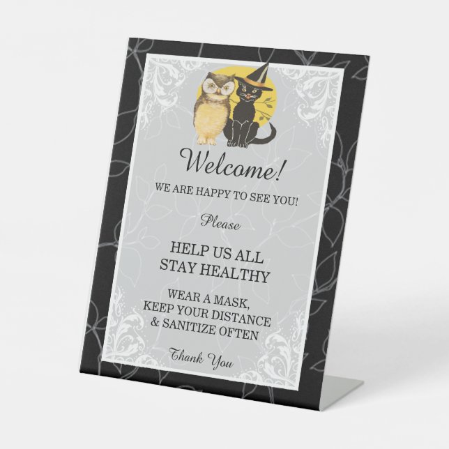 Signe De Table Cute Chat & Chouette Halloween Sécurité des Mariag (Recto)