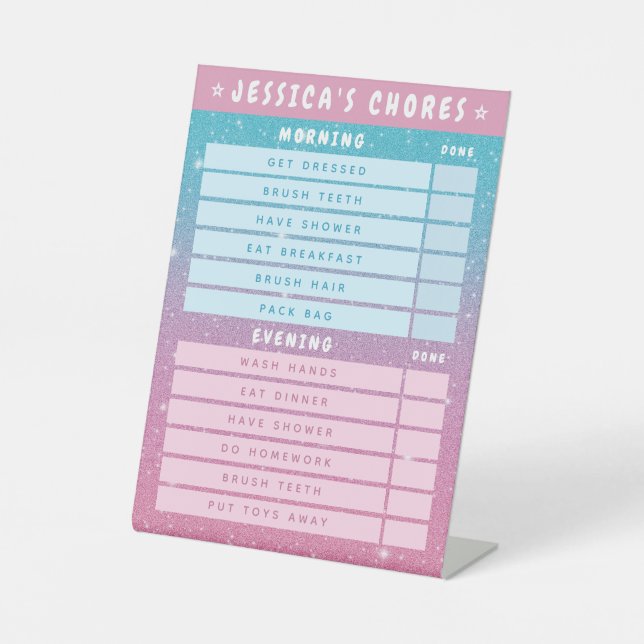 Signe De Table Cute Girly Pink Blue Glitter Kids Daily Chores  (Recto)