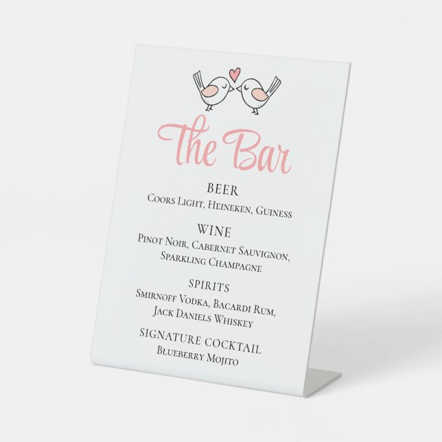 Signe De Table Cute Inséparables Black Pink Lovebirds Mariage Bar (Recto)