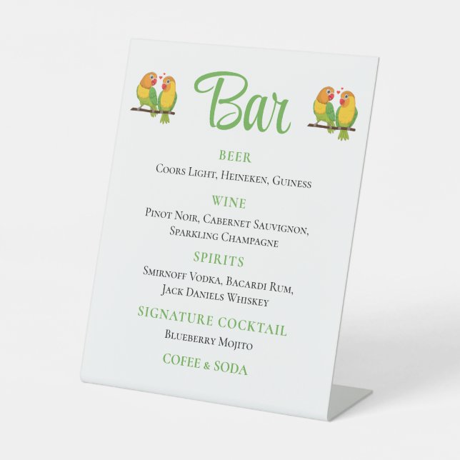 Signe De Table Cute Lovebird Inséparables Green Mariage Bar (Recto)
