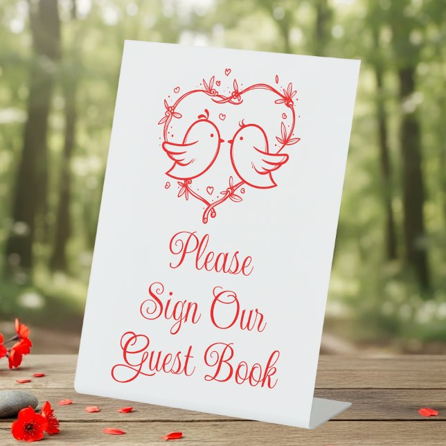 Signe De Table Cute Lovebirds Boho Red Heart Wedding Guest Book (Créateur téléchargé)