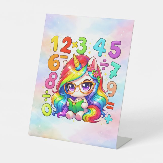 Signe De Table Cute Maths Unicorn Numbers Desk Art for Kids (Recto)
