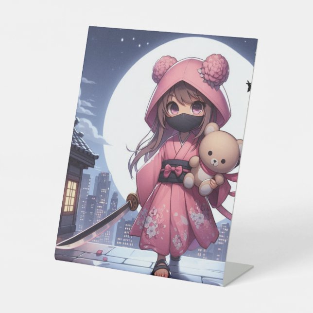 Signe De Table Cute ninja guerrière fille & teddy (Recto)
