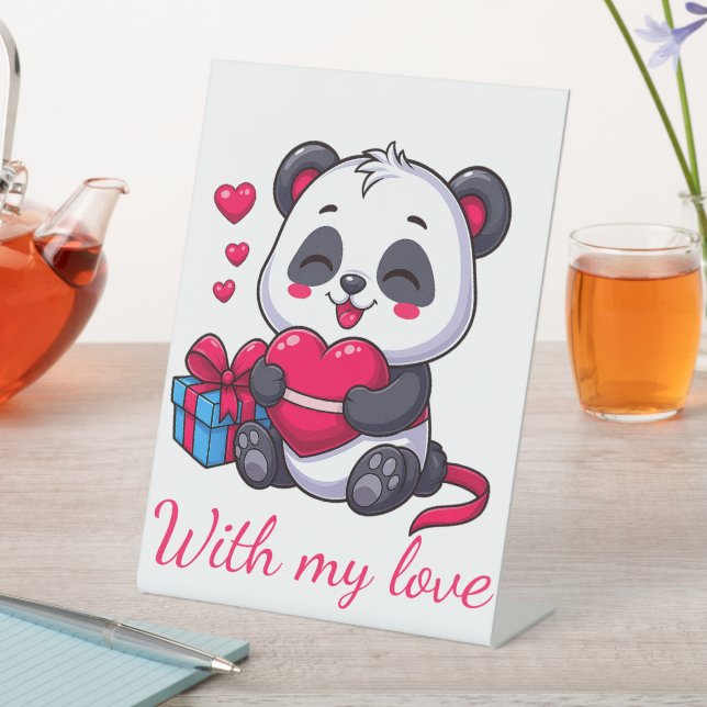 Signe De Table Cute Panda Hugging Heart (In SItu)
